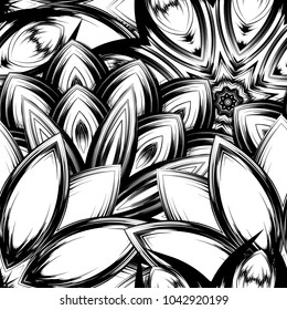 Seamless floral background. Tracery handmade nature ethnic fabric backdrop pattern with saturated dark flowers. Textile design texture. Decorative binary monochrome black and white art. Vector