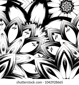 Seamless floral background. Tracery handmade nature ethnic fabric backdrop pattern with saturated dark flowers. Textile design texture. Decorative binary monochrome black and white art. Vector