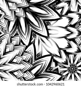 Seamless floral background. Tracery handmade nature ethnic fabric backdrop pattern with saturated dark flowers. Textile design texture. Decorative binary monochrome black and white art. Vector