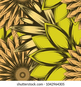 Seamless floral background. Tracery handmade nature ethnic fabric backdrop pattern with flowers. Textile design texture. Decorative color art. Vector