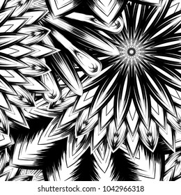 Seamless floral background. Tracery handmade nature ethnic fabric backdrop pattern with saturated dark flowers. Textile design texture. Decorative binary monochrome black and white art. Vector