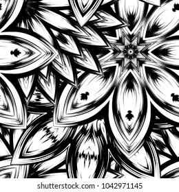 Seamless floral background. Tracery handmade nature ethnic fabric backdrop pattern with saturated dark flowers. Textile design texture. Decorative binary monochrome black and white art. Vector
