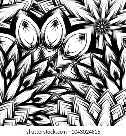 Seamless floral background. Tracery handmade nature ethnic fabric backdrop pattern with saturated dark flowers. Textile design texture. Decorative binary monochrome black and white art. Vector