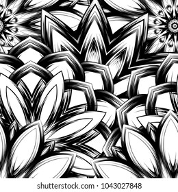 Seamless floral background. Tracery handmade nature ethnic fabric backdrop pattern with saturated dark flowers. Textile design texture. Decorative binary monochrome black and white art. Vector