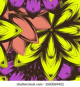 Seamless floral background. Tracery handmade nature ethnic fabric backdrop pattern with flowers. Textile design texture. Decorative color art. Vector