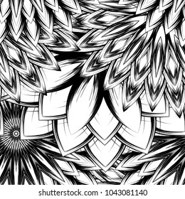 Seamless floral background. Tracery handmade nature ethnic fabric backdrop pattern with saturated dark flowers. Textile design texture. Decorative binary monochrome black and white art. Vector