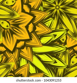 Seamless floral background. Tracery handmade nature ethnic fabric backdrop pattern with flowers. Textile design texture. Decorative color art. Vector