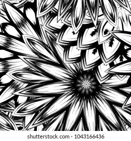 Seamless floral background. Tracery handmade nature ethnic fabric backdrop pattern with saturated dark flowers. Textile design texture. Decorative binary monochrome black and white art. Vector