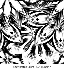 Seamless floral background. Tracery handmade nature ethnic fabric backdrop pattern with saturated dark flowers. Textile design texture. Decorative binary monochrome black and white art. Vector
