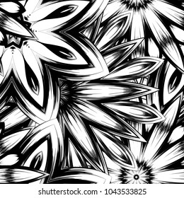 Seamless floral background. Tracery handmade nature ethnic fabric backdrop pattern with saturated dark flowers. Textile design texture. Decorative binary monochrome black and white art. Vector