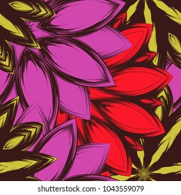 Seamless floral background. Tracery handmade nature ethnic fabric backdrop pattern with flowers. Textile design texture. Decorative color art. Vector
