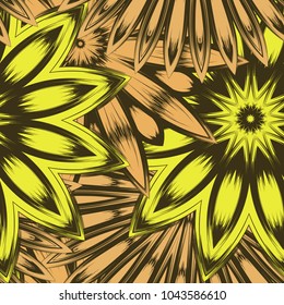 Seamless floral background. Tracery handmade nature ethnic fabric backdrop pattern with flowers. Textile design texture. Decorative color art. Vector