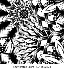 Seamless floral background. Tracery handmade nature ethnic fabric backdrop pattern with saturated dark flowers. Textile design texture. Decorative binary monochrome black and white art. Vector