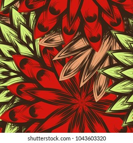 Seamless floral background. Tracery handmade nature ethnic fabric backdrop pattern with flowers. Textile design texture. Decorative color art. Vector