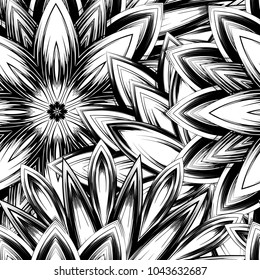 Seamless floral background. Tracery handmade nature ethnic fabric backdrop pattern with saturated dark flowers. Textile design texture. Decorative binary monochrome black and white art. Vector