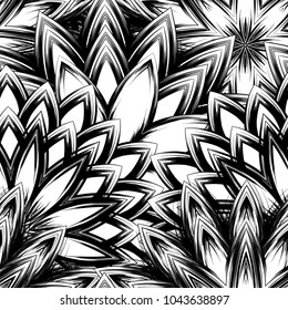 Seamless floral background. Tracery handmade nature ethnic fabric backdrop pattern with saturated dark flowers. Textile design texture. Decorative binary monochrome black and white art. Vector