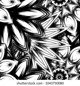 Seamless floral background. Tracery handmade nature ethnic fabric backdrop pattern with saturated dark flowers. Textile design texture. Decorative binary monochrome black and white art. Vector
