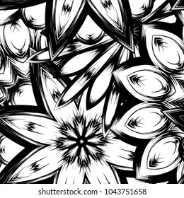 Seamless floral background. Tracery handmade nature ethnic fabric backdrop pattern with saturated dark flowers. Textile design texture. Decorative binary monochrome black and white art. Vector