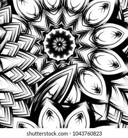 Seamless floral background. Tracery handmade nature ethnic fabric backdrop pattern with saturated dark flowers. Textile design texture. Decorative binary monochrome black and white art. Vector