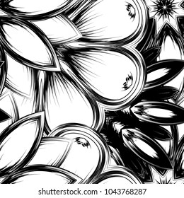Seamless floral background. Tracery handmade nature ethnic fabric backdrop pattern with saturated dark flowers. Textile design texture. Decorative binary monochrome black and white art. Vector