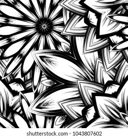 Seamless floral background. Tracery handmade nature ethnic fabric backdrop pattern with saturated dark flowers. Textile design texture. Decorative binary monochrome black and white art. Vector