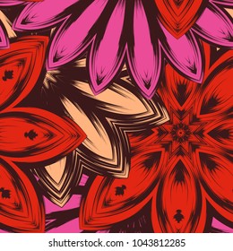Seamless floral background. Tracery handmade nature ethnic fabric backdrop pattern with flowers. Textile design texture. Decorative color art. Vector