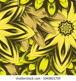Seamless floral background. Tracery handmade nature ethnic fabric backdrop pattern with flowers. Textile design texture. Decorative color art. Vector