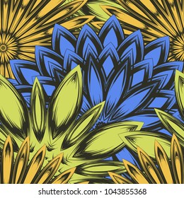Seamless floral background. Tracery handmade nature ethnic fabric backdrop pattern with flowers. Textile design texture. Decorative color art. Vector