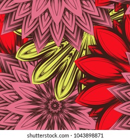 Seamless floral background. Tracery handmade nature ethnic fabric backdrop pattern with flowers. Textile design texture. Decorative color art. Vector