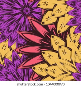 Seamless floral background. Tracery handmade nature ethnic fabric backdrop pattern with flowers. Textile design texture. Decorative color art. Vector