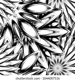 Seamless floral background. Tracery handmade nature ethnic fabric backdrop pattern with saturated dark flowers. Textile design texture. Decorative binary monochrome black and white art. Vector
