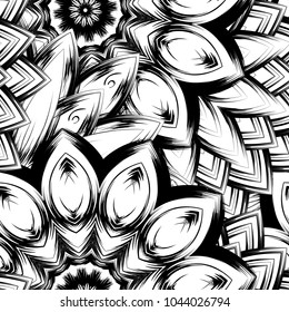 Seamless floral background. Tracery handmade nature ethnic fabric backdrop pattern with saturated dark flowers. Textile design texture. Decorative binary monochrome black and white art. Vector