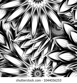 Seamless floral background. Tracery handmade nature ethnic fabric backdrop pattern with saturated dark flowers. Textile design texture. Decorative binary monochrome black and white art. Vector
