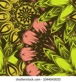Seamless floral background. Tracery handmade nature ethnic fabric backdrop pattern with flowers. Textile design texture. Decorative color art. Vector