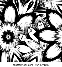 Seamless floral background. Tracery handmade nature ethnic fabric backdrop pattern with saturated dark flowers. Textile design texture. Decorative binary monochrome black and white art. Vector