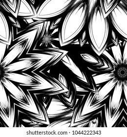 Seamless floral background. Tracery handmade nature ethnic fabric backdrop pattern with saturated dark flowers. Textile design texture. Decorative binary monochrome black and white art. Vector