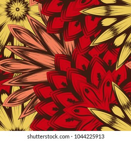 Seamless floral background. Tracery handmade nature ethnic fabric backdrop pattern with flowers. Textile design texture. Decorative color art. Vector