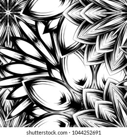 Seamless floral background. Tracery handmade nature ethnic fabric backdrop pattern with saturated dark flowers. Textile design texture. Decorative binary monochrome black and white art. Vector