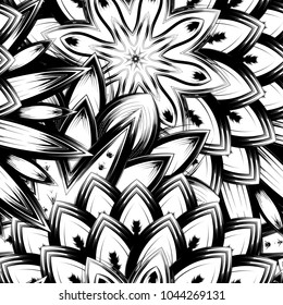 Seamless floral background. Tracery handmade nature ethnic fabric backdrop pattern with saturated dark flowers. Textile design texture. Decorative binary monochrome black and white art. Vector