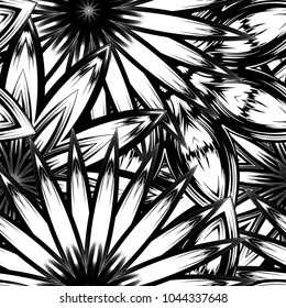 Seamless floral background. Tracery handmade nature ethnic fabric backdrop pattern with saturated dark flowers. Textile design texture. Decorative binary monochrome black and white art. Vector