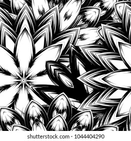 Seamless floral background. Tracery handmade nature ethnic fabric backdrop pattern with saturated dark flowers. Textile design texture. Decorative binary monochrome black and white art. Vector