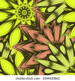 Seamless floral background. Tracery handmade nature ethnic fabric backdrop pattern with flowers. Textile design texture. Decorative color art. Vector