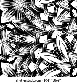 Seamless floral background. Tracery handmade nature ethnic fabric backdrop pattern with saturated dark flowers. Textile design texture. Decorative binary monochrome black and white art. Vector