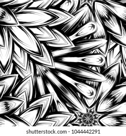 Seamless floral background. Tracery handmade nature ethnic fabric backdrop pattern with saturated dark flowers. Textile design texture. Decorative binary monochrome black and white art. Vector
