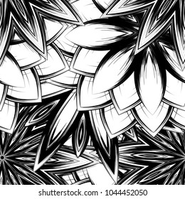 Seamless floral background. Tracery handmade nature ethnic fabric backdrop pattern with saturated dark flowers. Textile design texture. Decorative binary monochrome black and white art. Vector