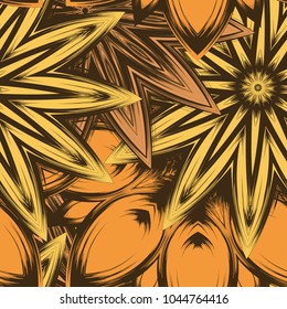 Seamless floral background. Tracery handmade nature ethnic fabric backdrop pattern with flowers. Textile design texture. Decorative color art. Vector