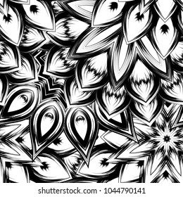 Seamless floral background. Tracery handmade nature ethnic fabric backdrop pattern with saturated dark flowers. Textile design texture. Decorative binary monochrome black and white art. Vector