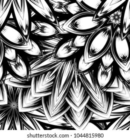 Seamless floral background. Tracery handmade nature ethnic fabric backdrop pattern with saturated dark flowers. Textile design texture. Decorative binary monochrome black and white art. Vector