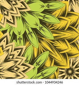 Seamless floral background. Tracery handmade nature ethnic fabric backdrop pattern with flowers. Textile design texture. Decorative color art. Vector