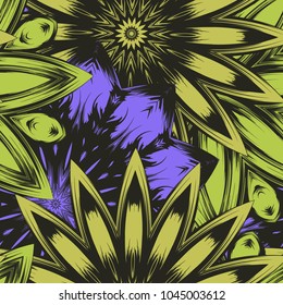 Seamless floral background. Tracery handmade nature ethnic fabric backdrop pattern with flowers. Textile design texture. Decorative color art. Vector